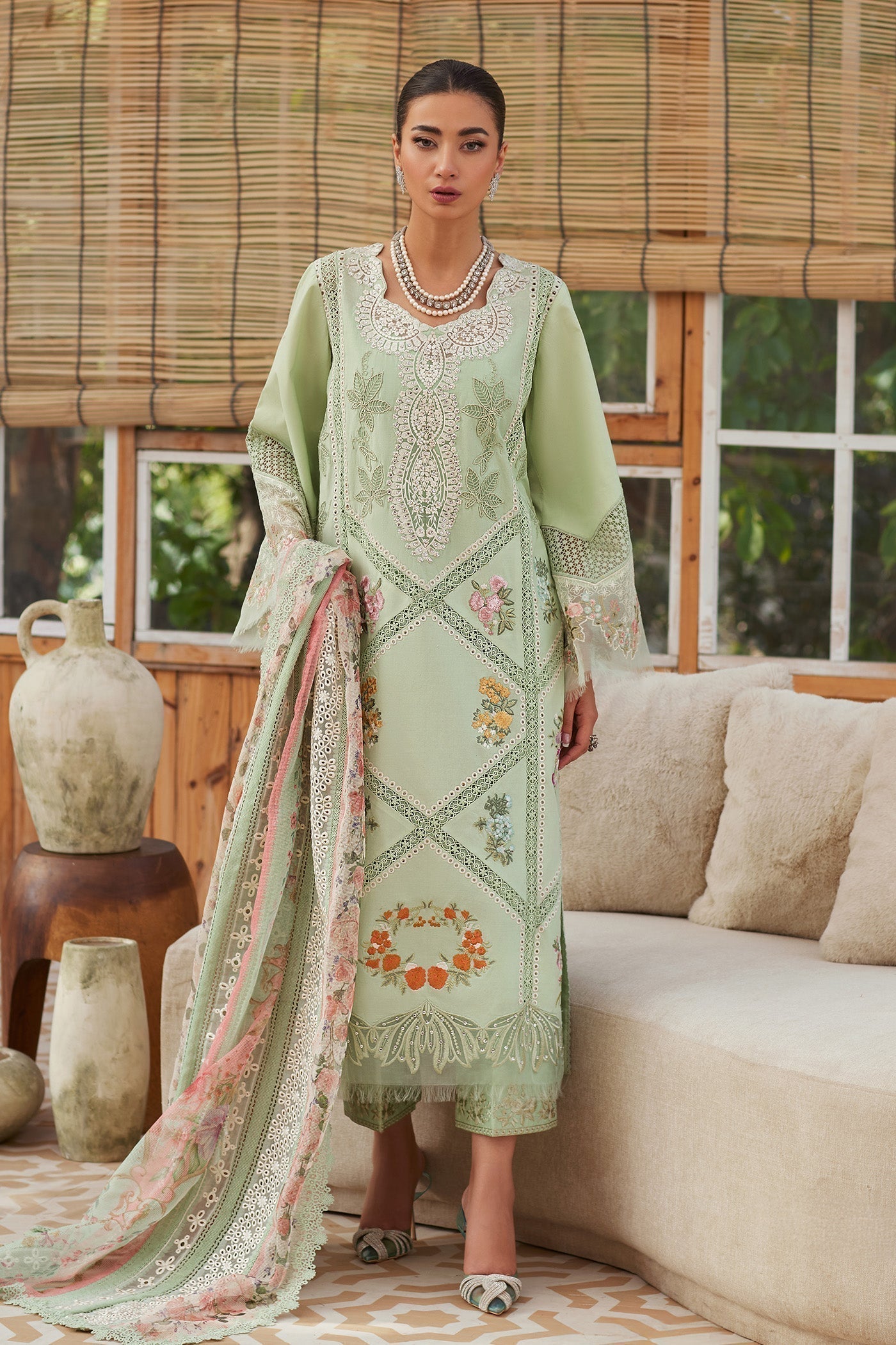 CRIMSON-3PC LAWN CHIKAANKARI EMBROIDERED SHIRT WITH CHIFOON PRINTED DUPATTA AND EMB TROUSER-BIC-4748
