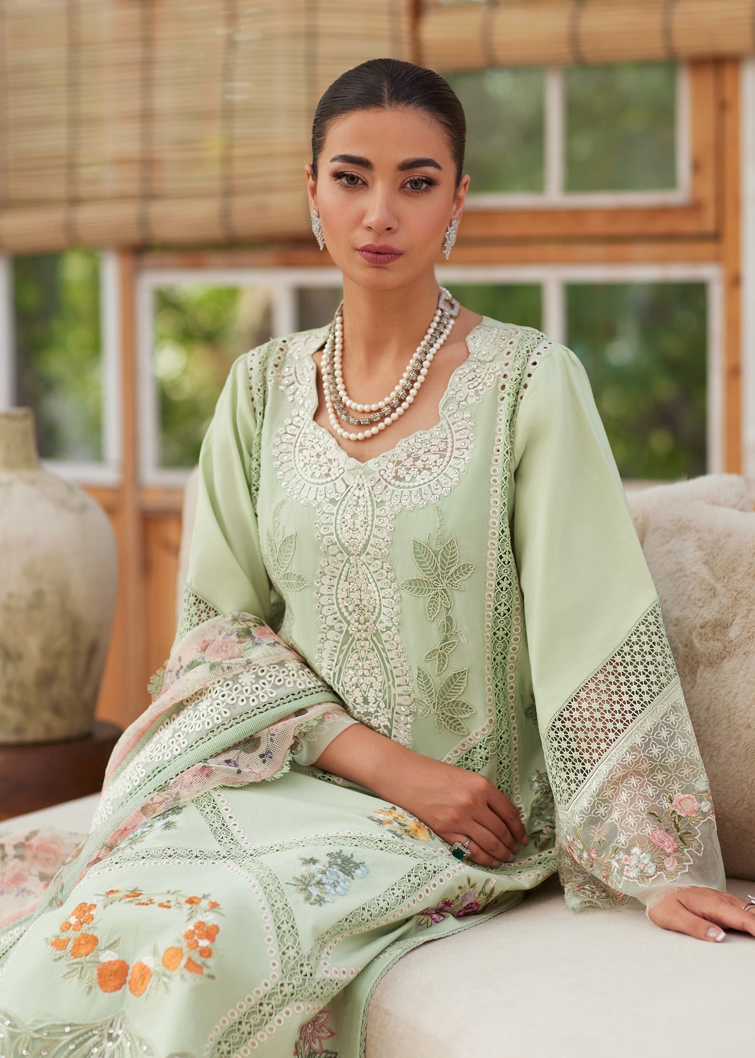 CRIMSON-3PC LAWN CHIKAANKARI EMBROIDERED SHIRT WITH CHIFOON PRINTED DUPATTA AND EMB TROUSER-BIC-4748