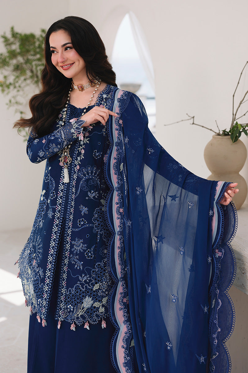 QALAMQAR-Premium 3 Piece Lawn CHIKAN EMBROIDERED SHIRT WITH KHAADI NET EMBROIDERED DUPATTA AND EMB TROUSER -4758