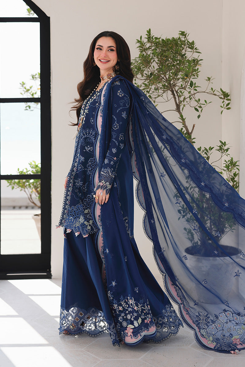 QALAMQAR-Premium 3 Piece Lawn CHIKAN EMBROIDERED SHIRT WITH KHAADI NET EMBROIDERED DUPATTA AND EMB TROUSER -4758