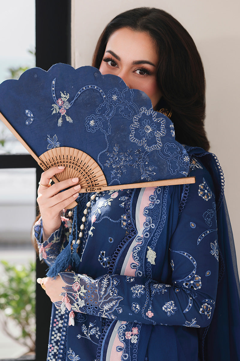 QALAMQAR-Premium 3 Piece Lawn CHIKAN EMBROIDERED SHIRT WITH KHAADI NET EMBROIDERED DUPATTA AND EMB TROUSER -4758