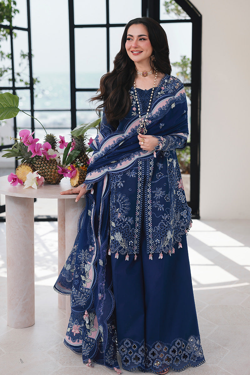 QALAMQAR-Premium 3 Piece Lawn CHIKAN EMBROIDERED SHIRT WITH KHAADI NET EMBROIDERED DUPATTA AND EMB TROUSER -4758