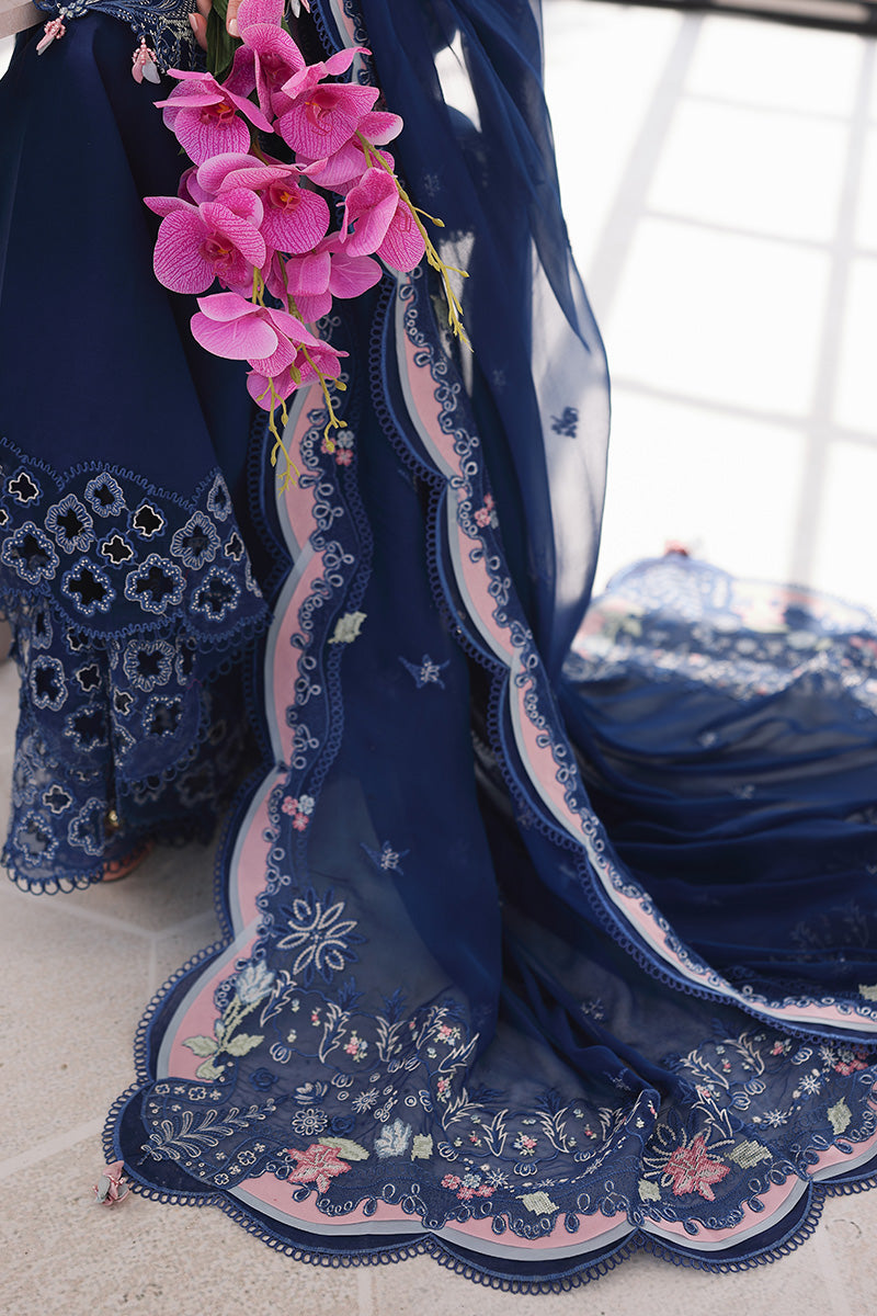 QALAMQAR-Premium 3 Piece Lawn CHIKAN EMBROIDERED SHIRT WITH KHAADI NET EMBROIDERED DUPATTA AND EMB TROUSER -4758