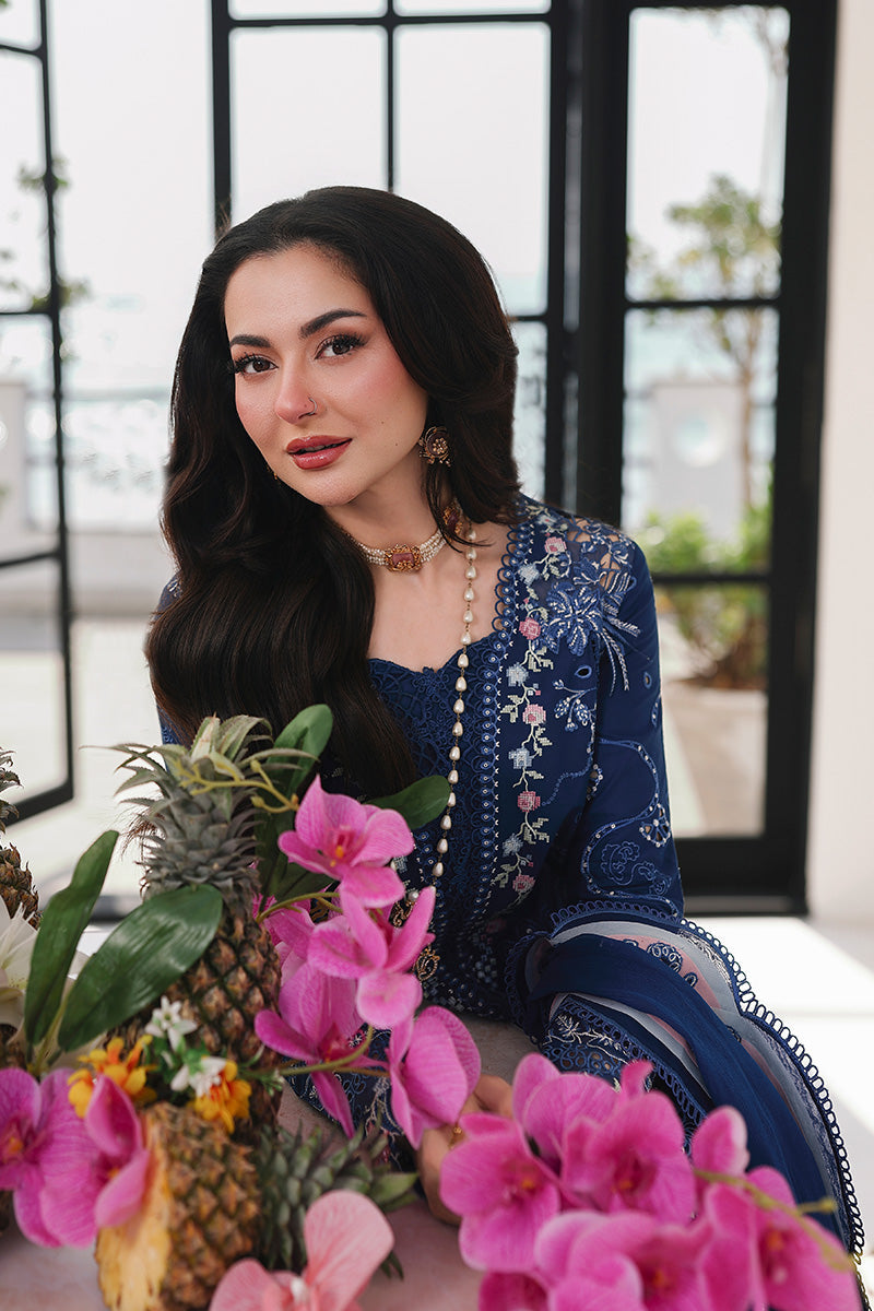 QALAMQAR-Premium 3 Piece Lawn CHIKAN EMBROIDERED SHIRT WITH KHAADI NET EMBROIDERED DUPATTA AND EMB TROUSER -4758