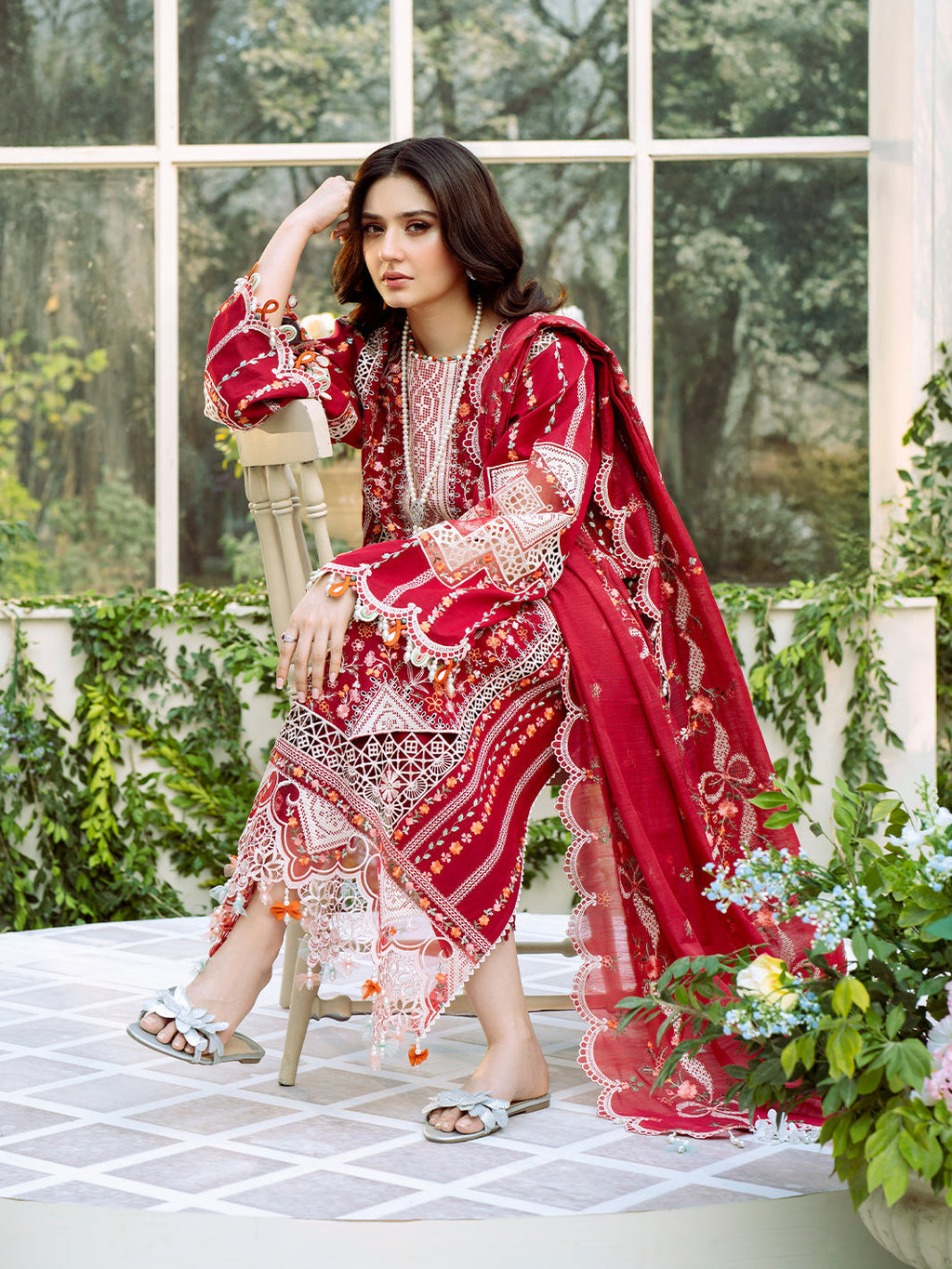 BIN ILYAS-Lawn-3PC Embroidered Shirt With Khadi Net Embroidered Dupatta-5290