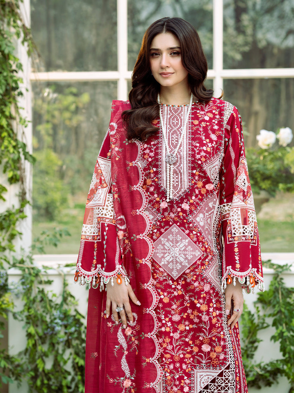 BIN ILYAS-Lawn-3PC Embroidered Shirt With Khadi Net Embroidered Dupatta-5290