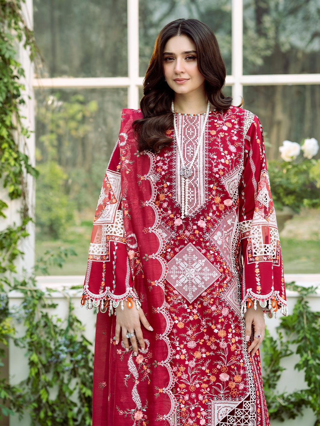 BIN ILYAS-Lawn-3PC Embroidered Shirt With Khadi Net Embroidered Dupatta-5290