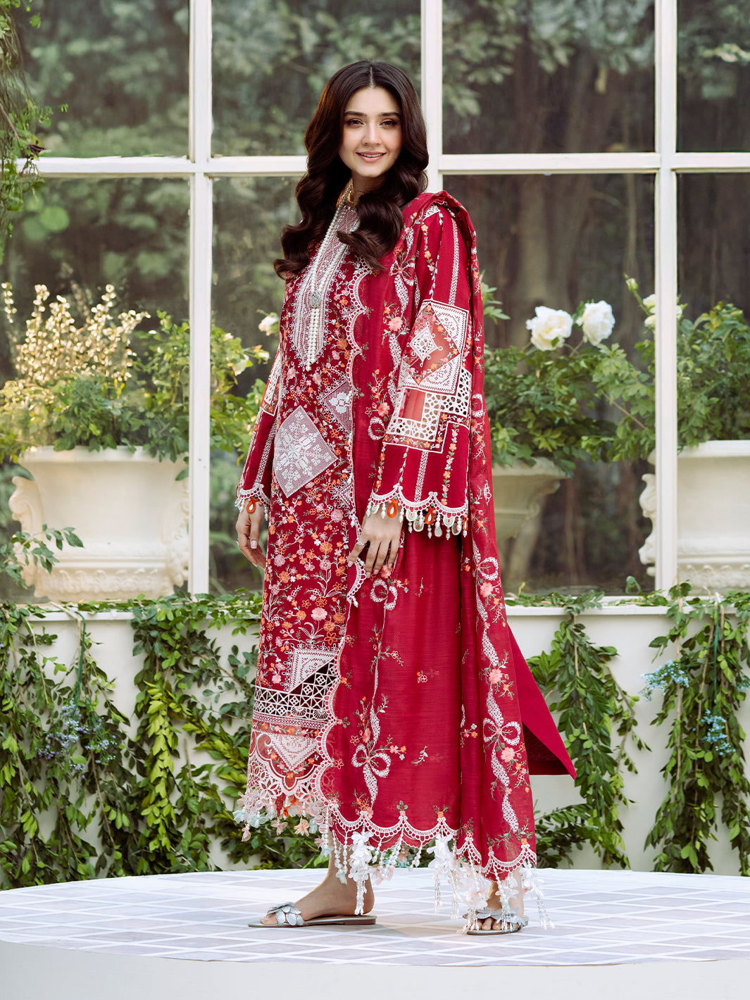 BIN ILYAS-Lawn-3PC Embroidered Shirt With Khadi Net Embroidered Dupatta-5290