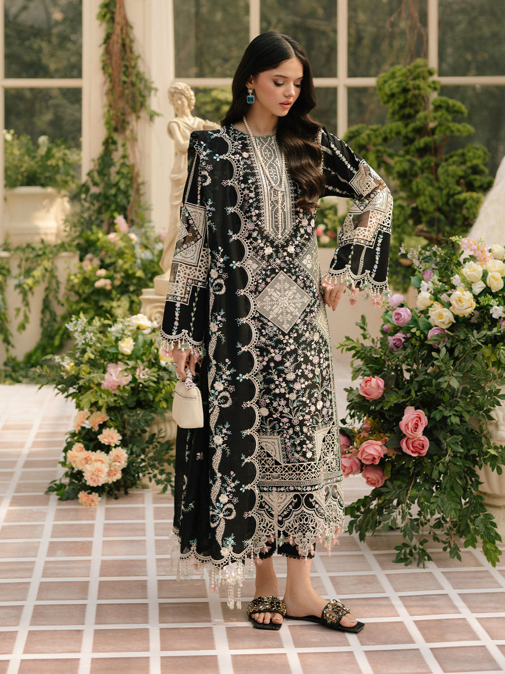 BIN ILYAS-Lawn-3PC Embroidered Shirt With Khadi Net Embroidered Dupatta-5216