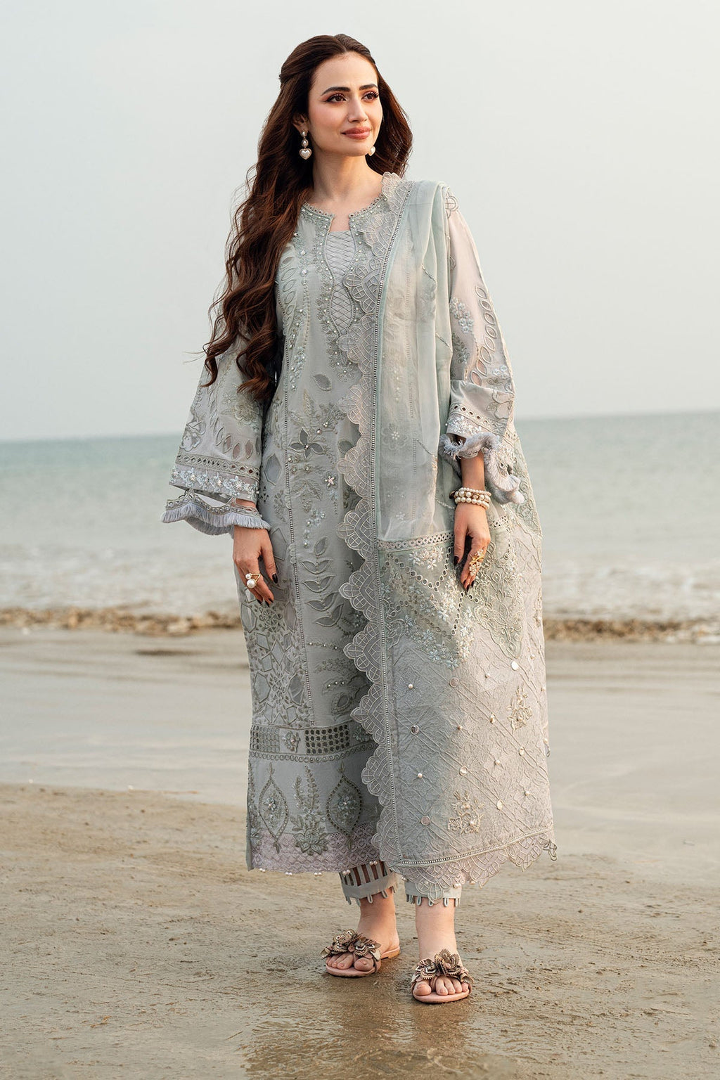 NUREH-Premium 3 Piece Lawn LASER WORK EMBROIDERED SHIRT WITH KHADDI NET EMBROIDERED DUPATTA & TROUSER-BIC-4746
