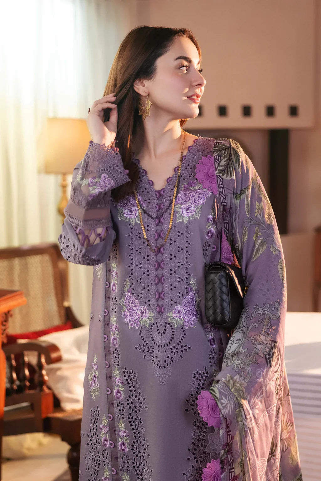 JADE-3PC LAWN CHIKAN EMBROIDERED SHIRT WITH CHIFFON PRINTED DUPATTA AND TROUSER-5189