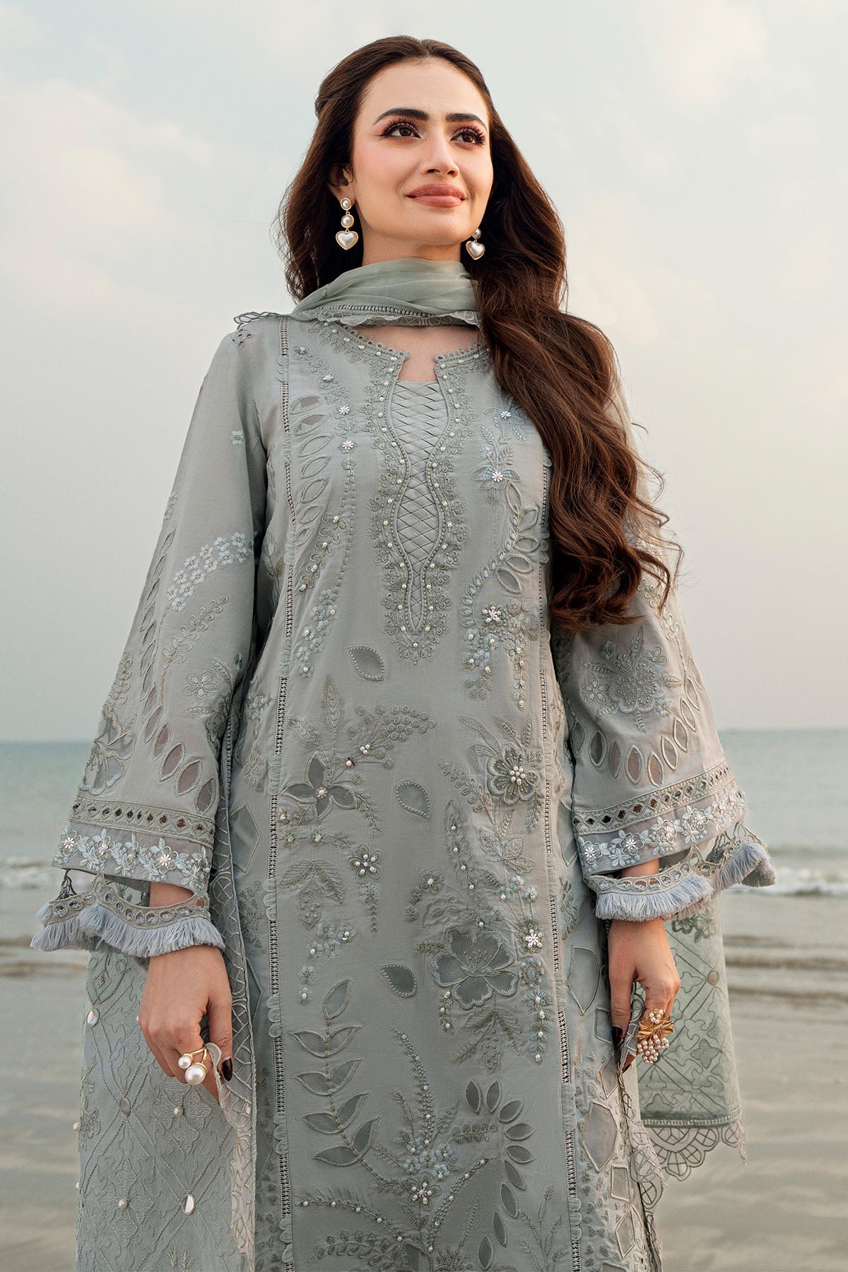 NUREH-Premium 3 Piece Lawn LASER WORK EMBROIDERED SHIRT WITH KHADDI NET EMBROIDERED DUPATTA & TROUSER-BIC-4746