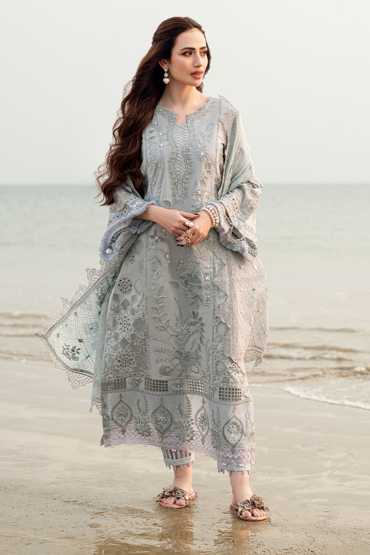 NUREH-Premium 3 Piece Lawn LASER WORK EMBROIDERED SHIRT WITH KHADDI NET EMBROIDERED DUPATTA & TROUSER-BIC-4746