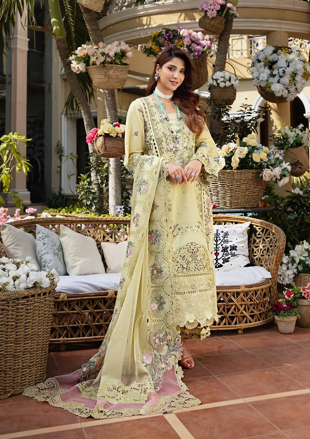 ELAF-Premium 3 Piece Lawn CHIKANKARI EMBROIDERED SHIRT WITH KHAADI NET EMB DUPATTA AND EMB TROUSER-BIC-4601