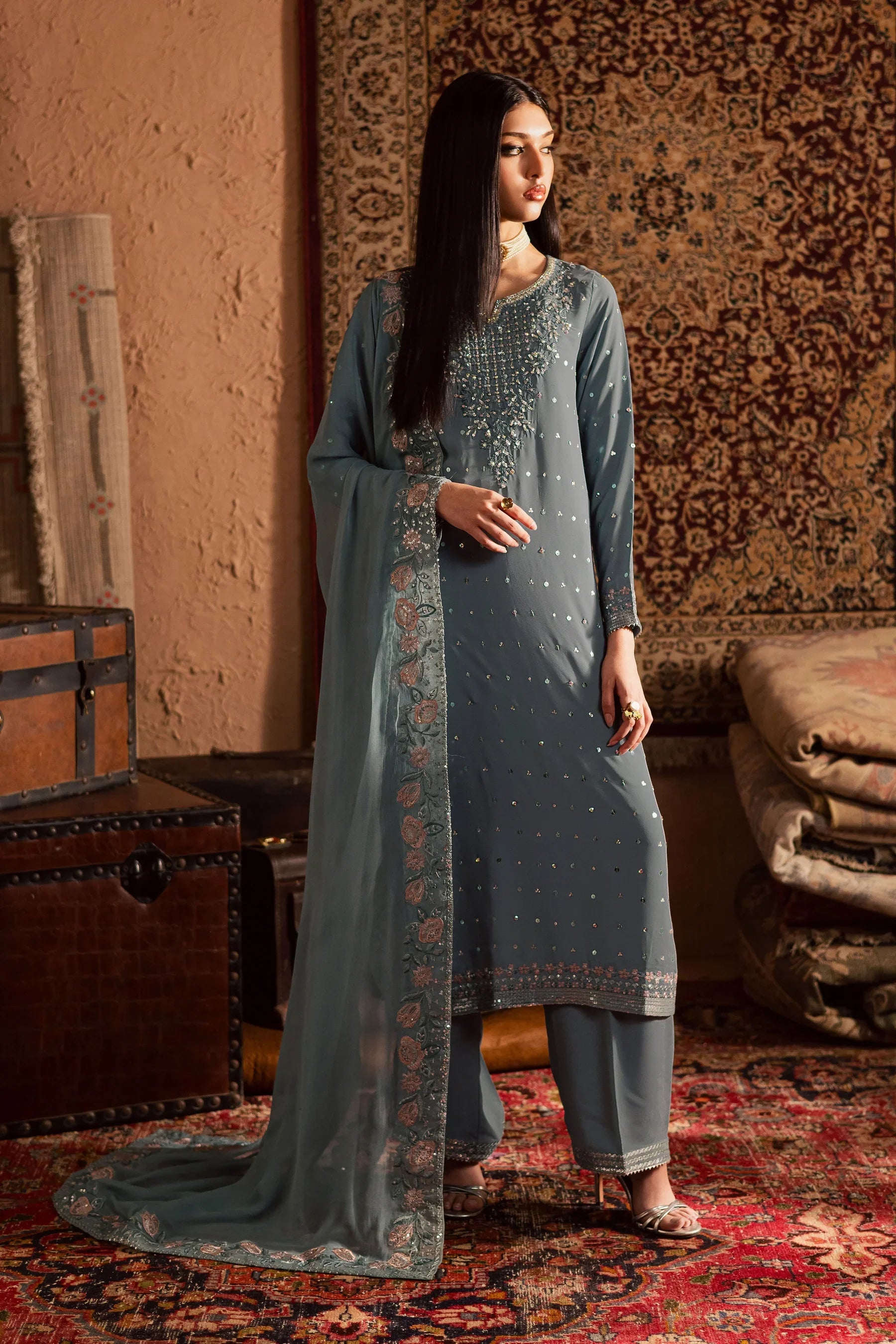 Batik - Premium 3 Piece LAWN EMBROIDERED SHIRT WITH Chiffon EMB DUPATTA AND TROUSER - FT 051