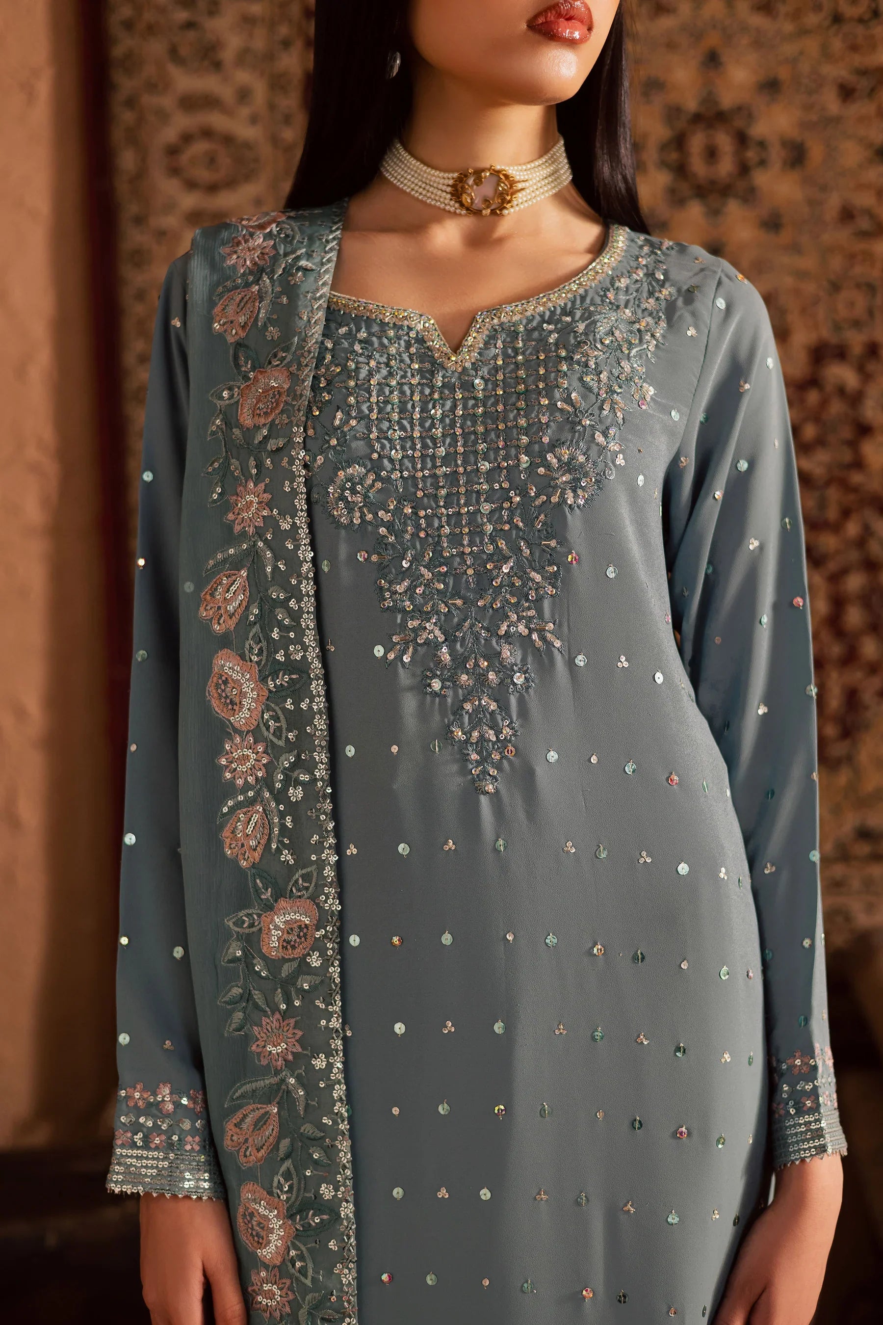 Batik - Premium 3 Piece LAWN EMBROIDERED SHIRT WITH Chiffon EMB DUPATTA AND TROUSER - FT 051