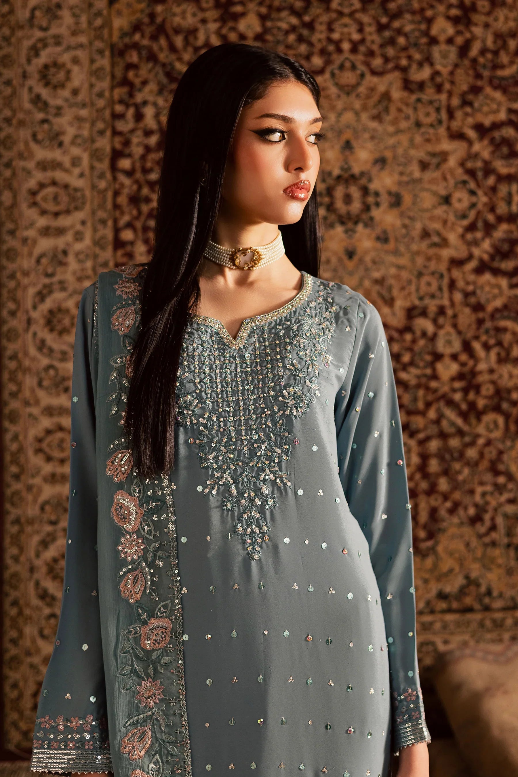Batik - Premium 3 Piece LAWN EMBROIDERED SHIRT WITH Chiffon EMB DUPATTA AND TROUSER - FT 051