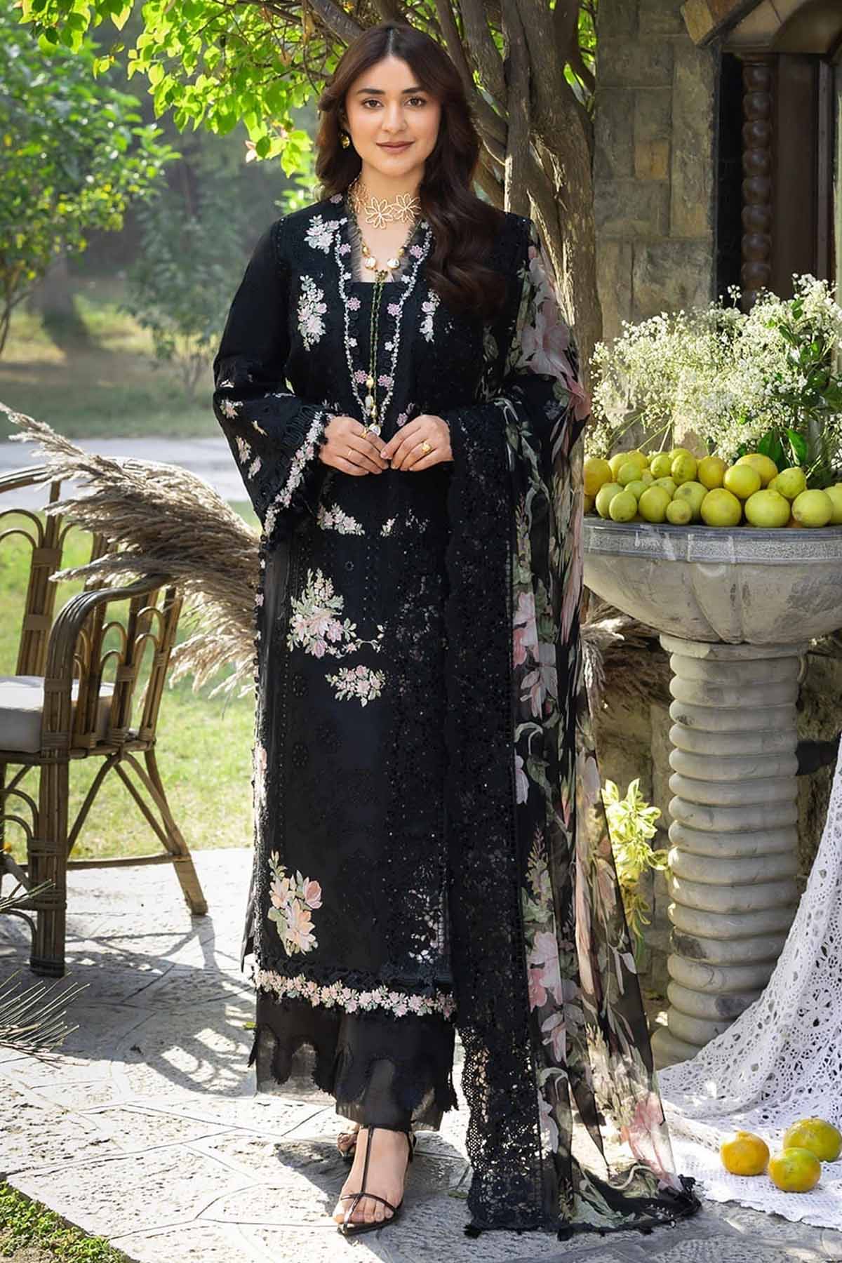 ELAF-Premium 3 Piece Lawn CHIKANKARI EMBROIDERED SHIRT WITH CHIFFON PRINTED EMB DUPATTA AND TROUSER-BIC-4811