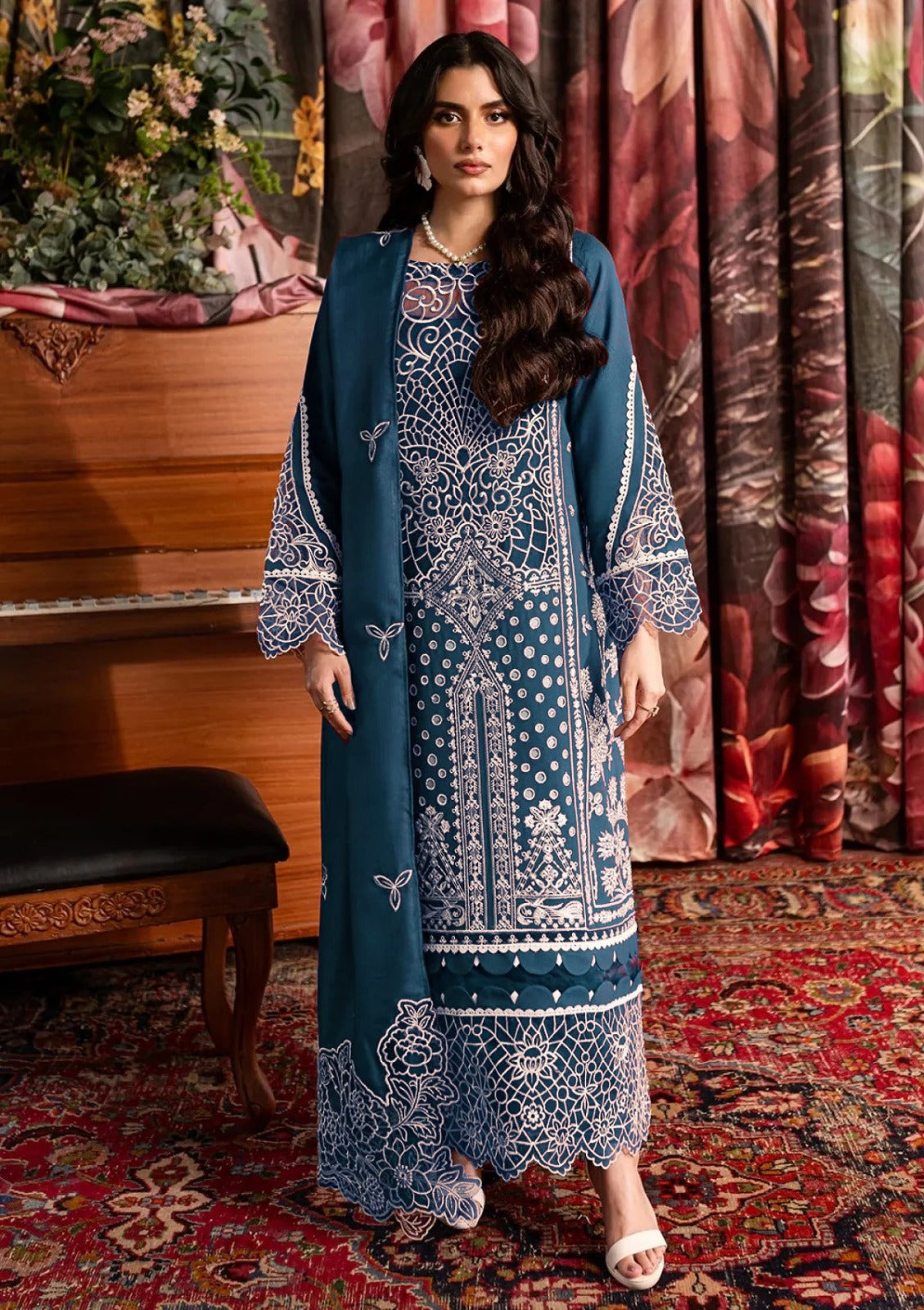 QALAMQAR-Premium 3 Piece Lawn CHIKANKAARI LAWN LASER WORK EMBROIDERED SHIRT WITH KHADDI NET EMBROIDERED DUPATTA AND TROUSER-BIC-4712