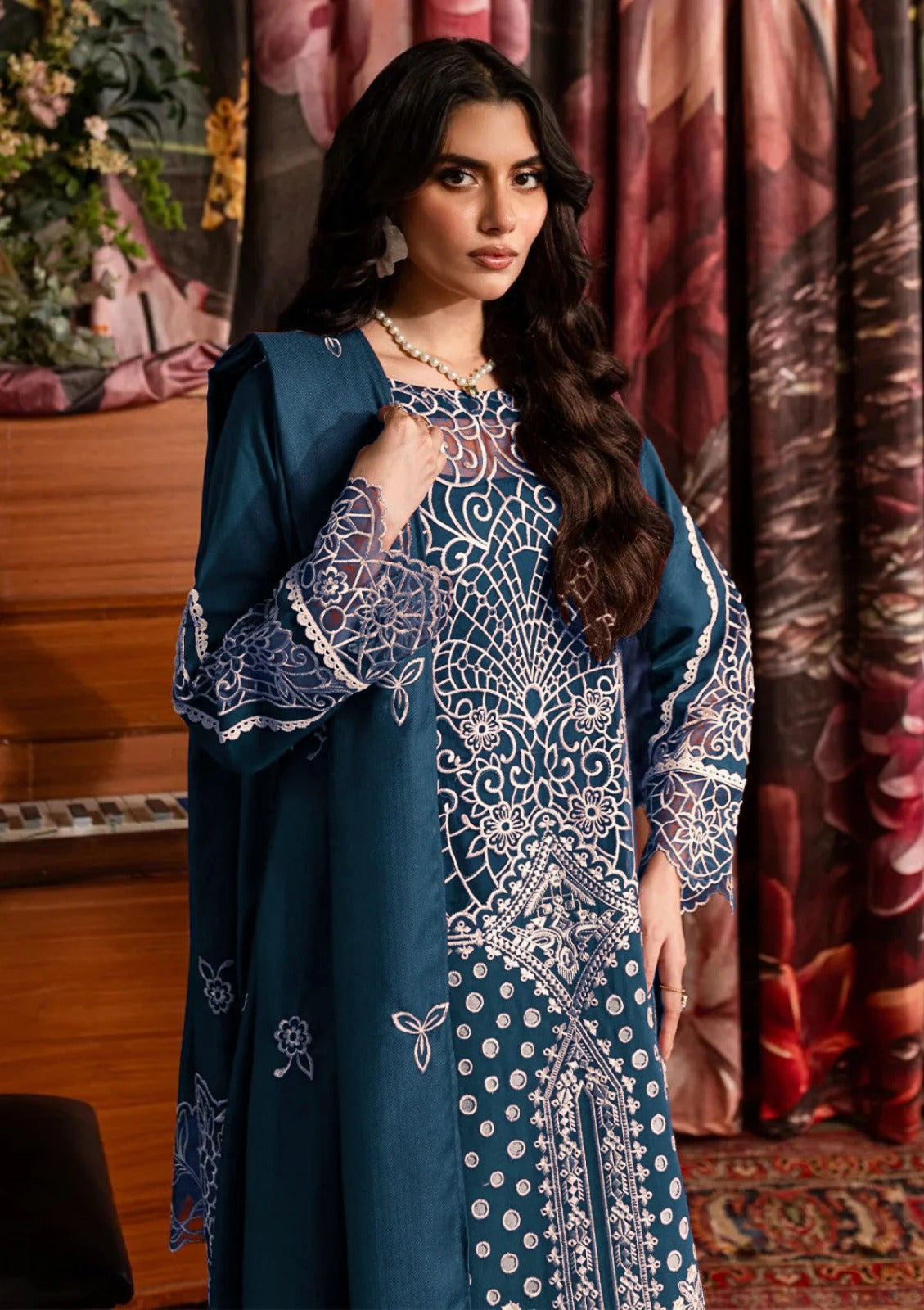 QALAMQAR-Premium 3 Piece Lawn CHIKANKAARI LAWN LASER WORK EMBROIDERED SHIRT WITH KHADDI NET EMBROIDERED DUPATTA AND TROUSER-BIC-4712