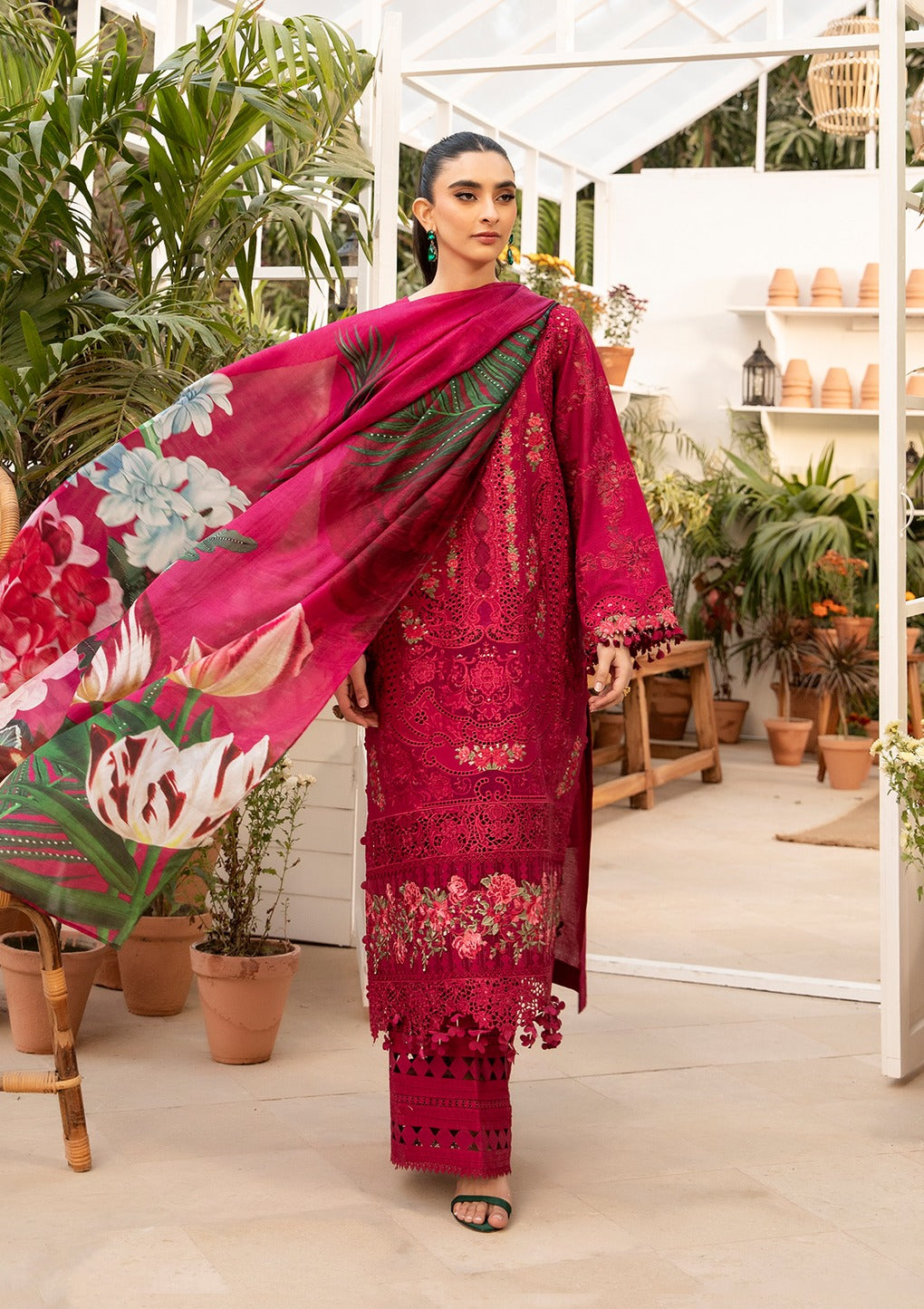 BAROUQE-Premium 3 Piece Lawn CHIKENKARI EMBROIDERED SHIRT WITH CHIFFOON PRINT DUPATTA AND EMB TROUSER-BIC-4736