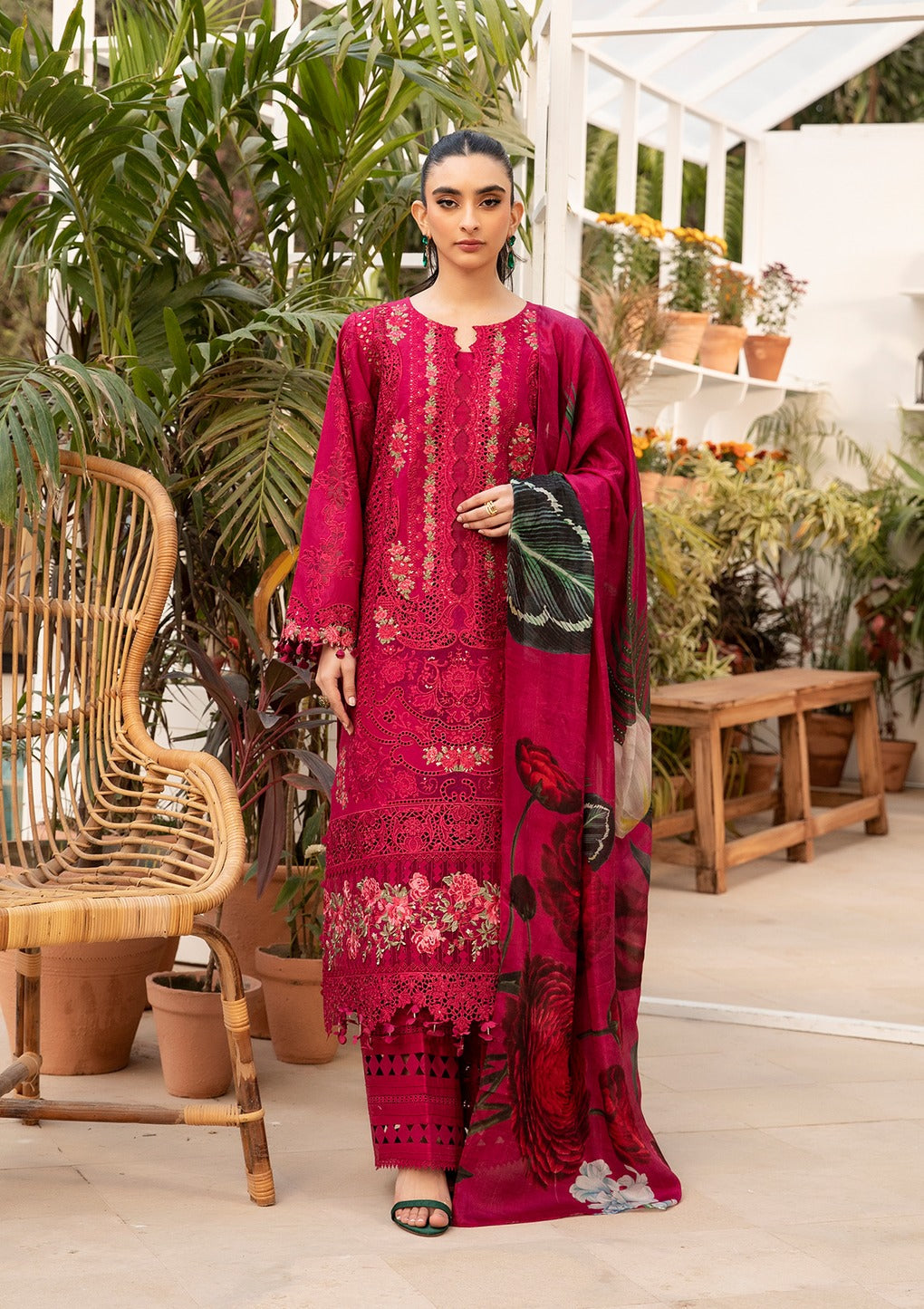 BAROUQE-Premium 3 Piece Lawn CHIKENKARI EMBROIDERED SHIRT WITH CHIFFOON PRINT DUPATTA AND EMB TROUSER-BIC-4736