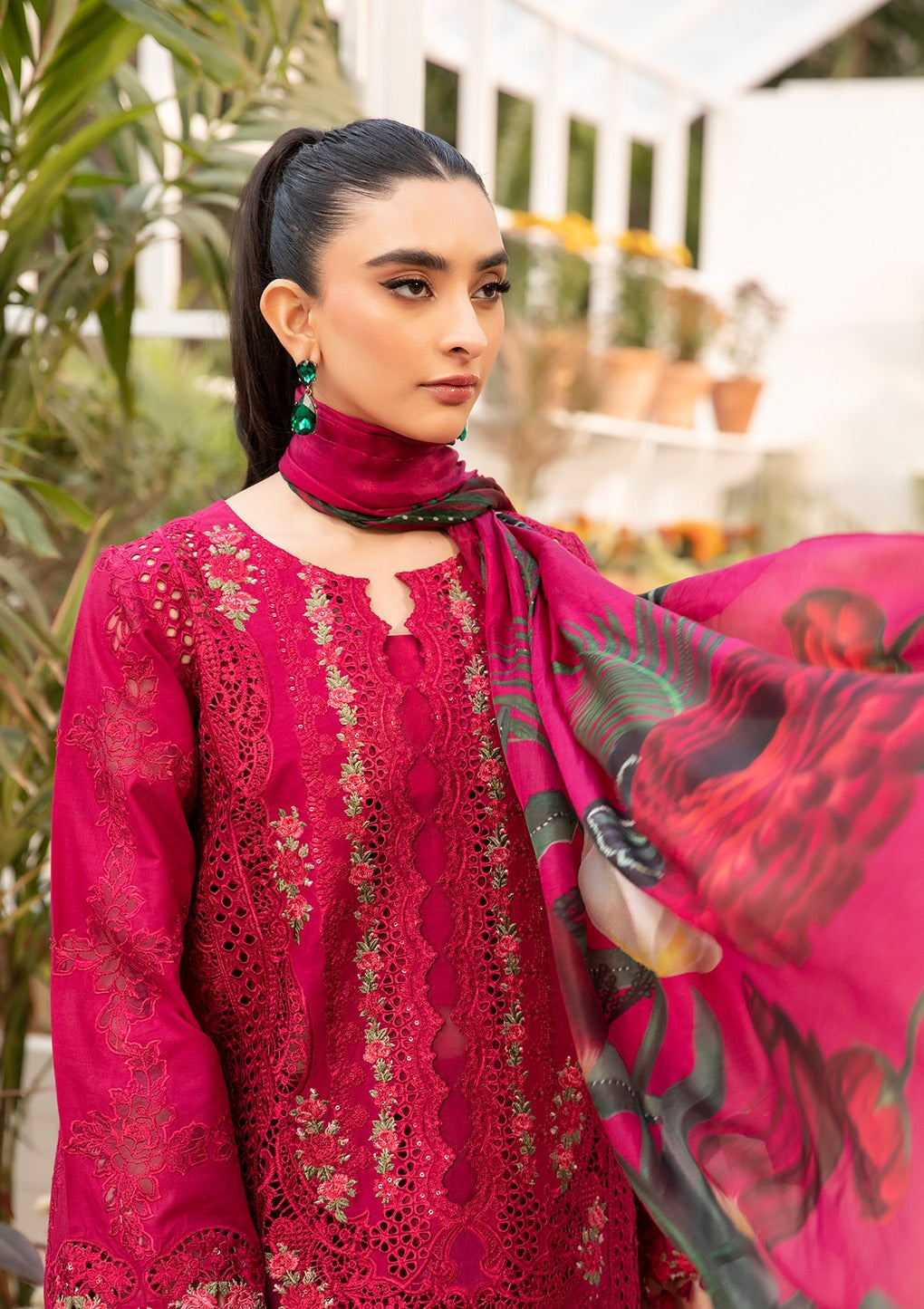 BAROUQE-Premium 3 Piece Lawn CHIKENKARI EMBROIDERED SHIRT WITH CHIFFOON PRINT DUPATTA AND EMB TROUSER-BIC-4736