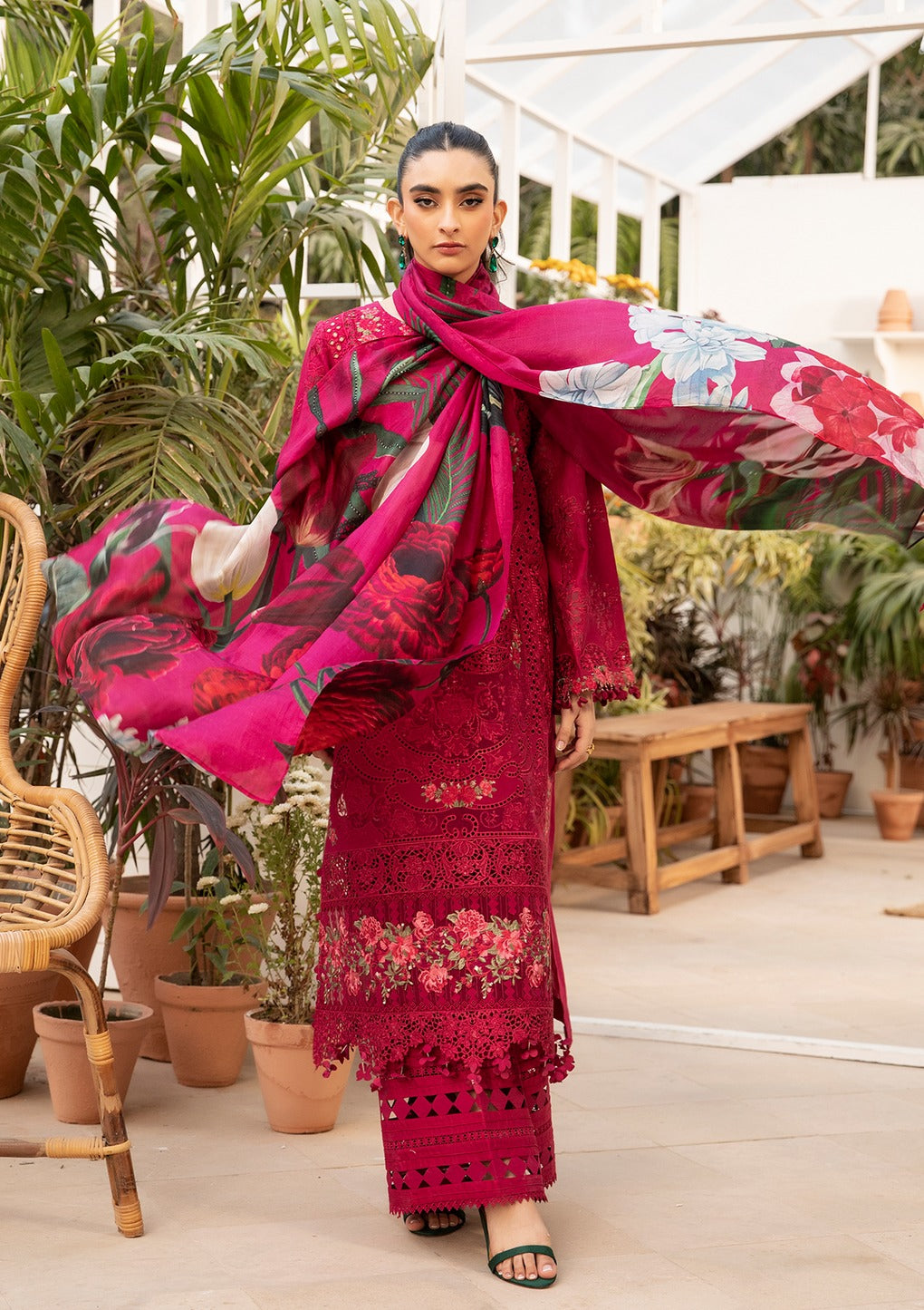 BAROUQE-Premium 3 Piece Lawn CHIKENKARI EMBROIDERED SHIRT WITH CHIFFOON PRINT DUPATTA AND EMB TROUSER-BIC-4736