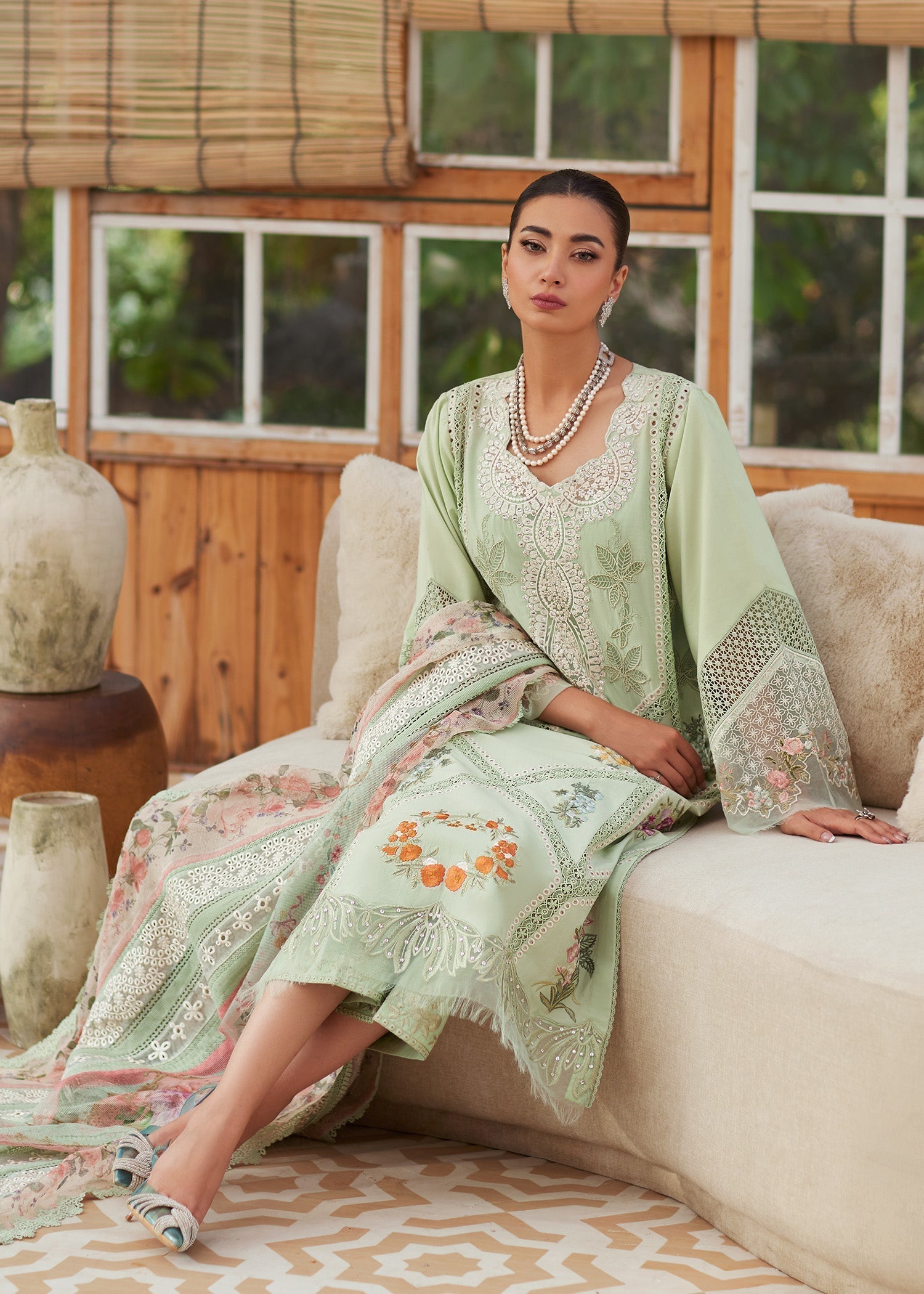 CRIMSON-3PC LAWN CHIKAANKARI EMBROIDERED SHIRT WITH CHIFOON PRINTED DUPATTA AND EMB TROUSER-BIC-4748
