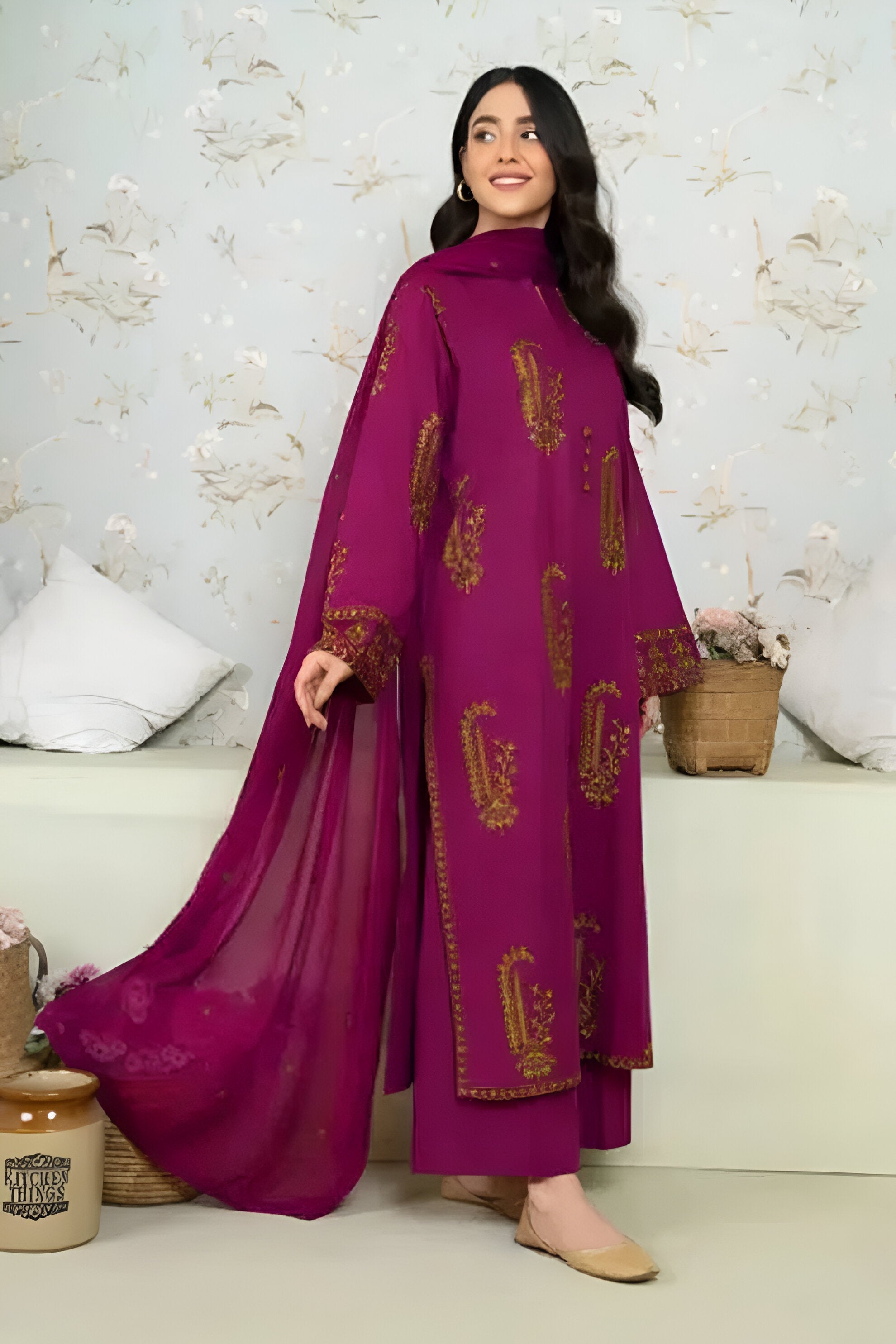 SAPPHIRE-Premium 3 Piece Lawn EMBROIDERED SHIRT WITH BAMBER CHIFFON EMBROIDERED DUPATTA AND LAWN TROUSER-BIC-4615